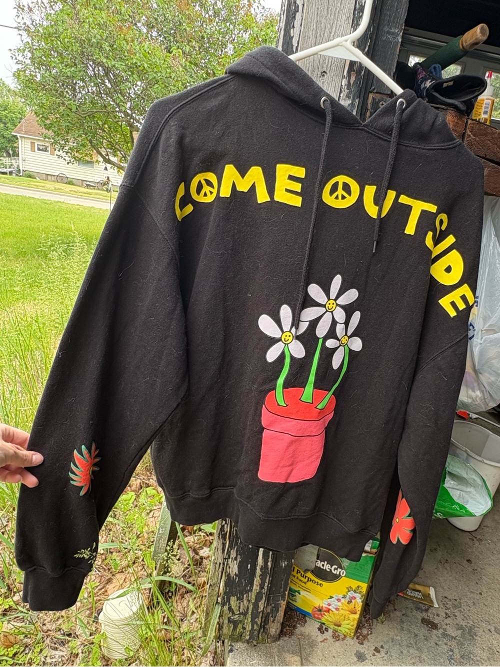 Black 'Come Outside' Graphic Hoodie with Floral Pot Design